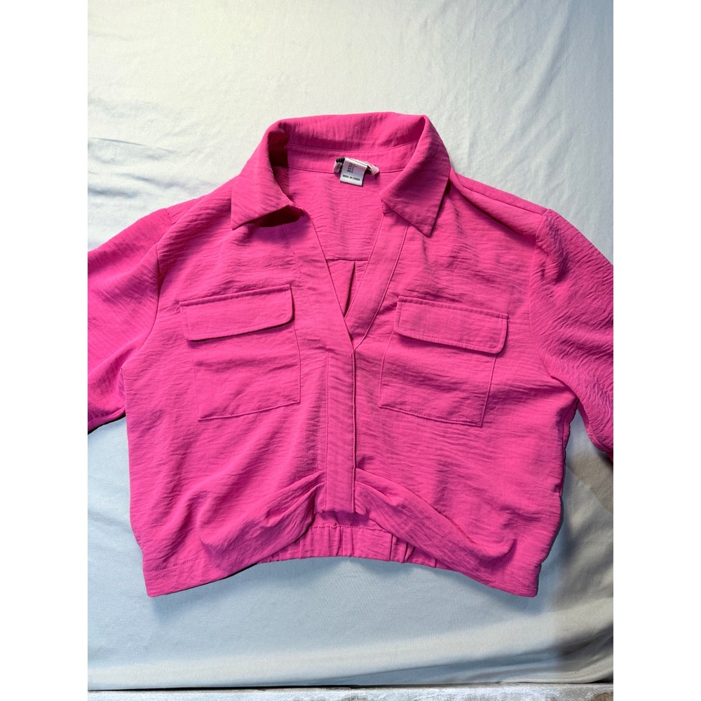 Rachel Zoe‎ Hot Pink Cropped Button Up Short Sleeve Shirt Top Womens Small